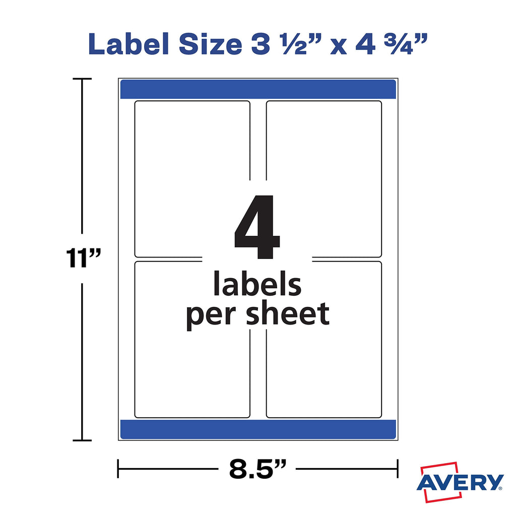 Avery® Printable Blank Rectangle Labels, 3.5" x 4.75", White, 32 Customizable Labels (22827)