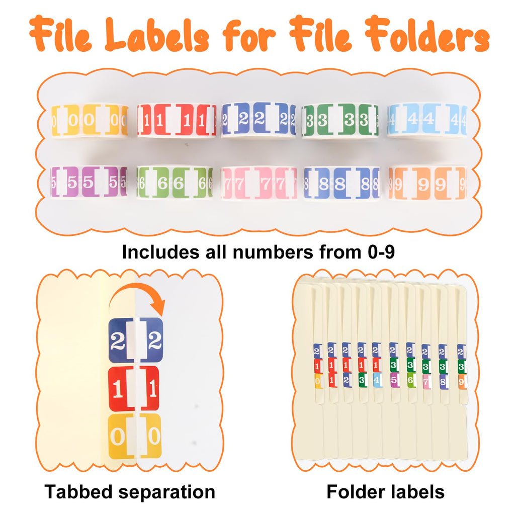 10 Rolls Number File Folder Labels Set Color Series Chart Stickers with Wooden Tray Set of Numbers 0-9 File Labels for File Folders Number Label Index Numeric Labels Index Stickers for Office School