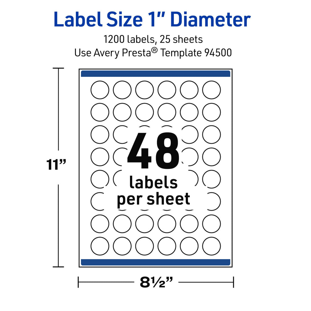 Avery® Outdoor Waterproof Round Labels, Sure Feed® Technology, 1" Diameter, White Film, Print-to-the-Edge, Compatible with Laser Printers, 1200 Labels Total 1200 Count