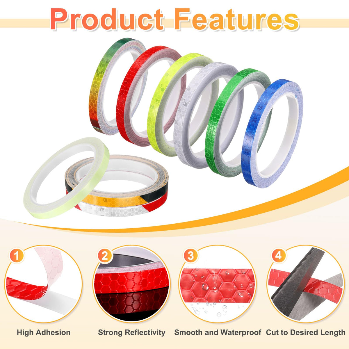 HARFINGTON 2 Rolls Reflective Tape 0.4" x26ft Adhesive Night Safety Warning Tapes Outdoor Bicycle Adhesive Reflector Stickers for Vehicles Trailers Trucks Bike Cars Signs, Multicolor