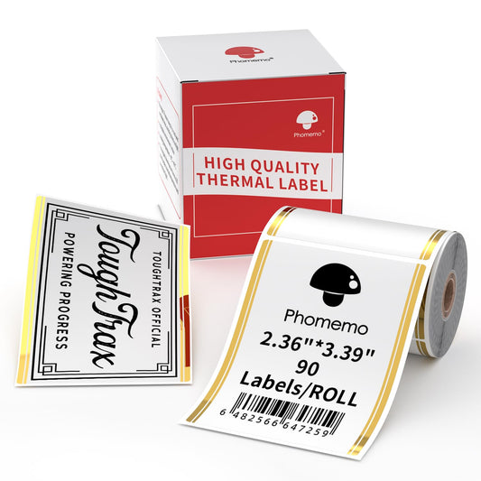 Phomemo Thermal Labels for M220/M200/M221 Label Maker,2.36"x3.39"(60x86mm),90 Labels/Roll,for Barcode,Address,Name,Logo,DIY,Home Tag,Gold Linear Border Gold Linear Border
