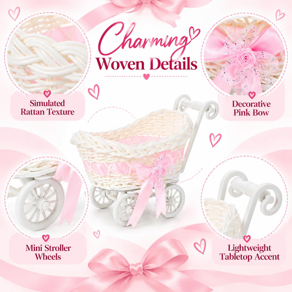 POPETPOP Mini Wicker Baby Carriage Decor, Pink Rattan Mini Shopping Basket