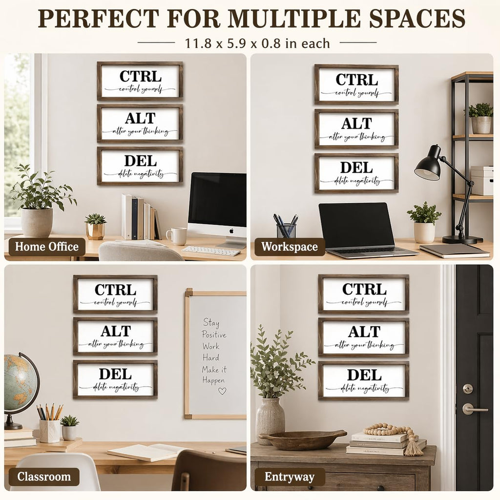 Pinetree Art Motivational Wall Decor for Office, Set of 3 Rustic Wooden Framed Signs, CTRL ALT DEL Inspirational Wall Art for Home Office, Classroom, Desk Wall, Positive Mindset Decor, (6"x12"x3) 6"x12"x3 rusitc