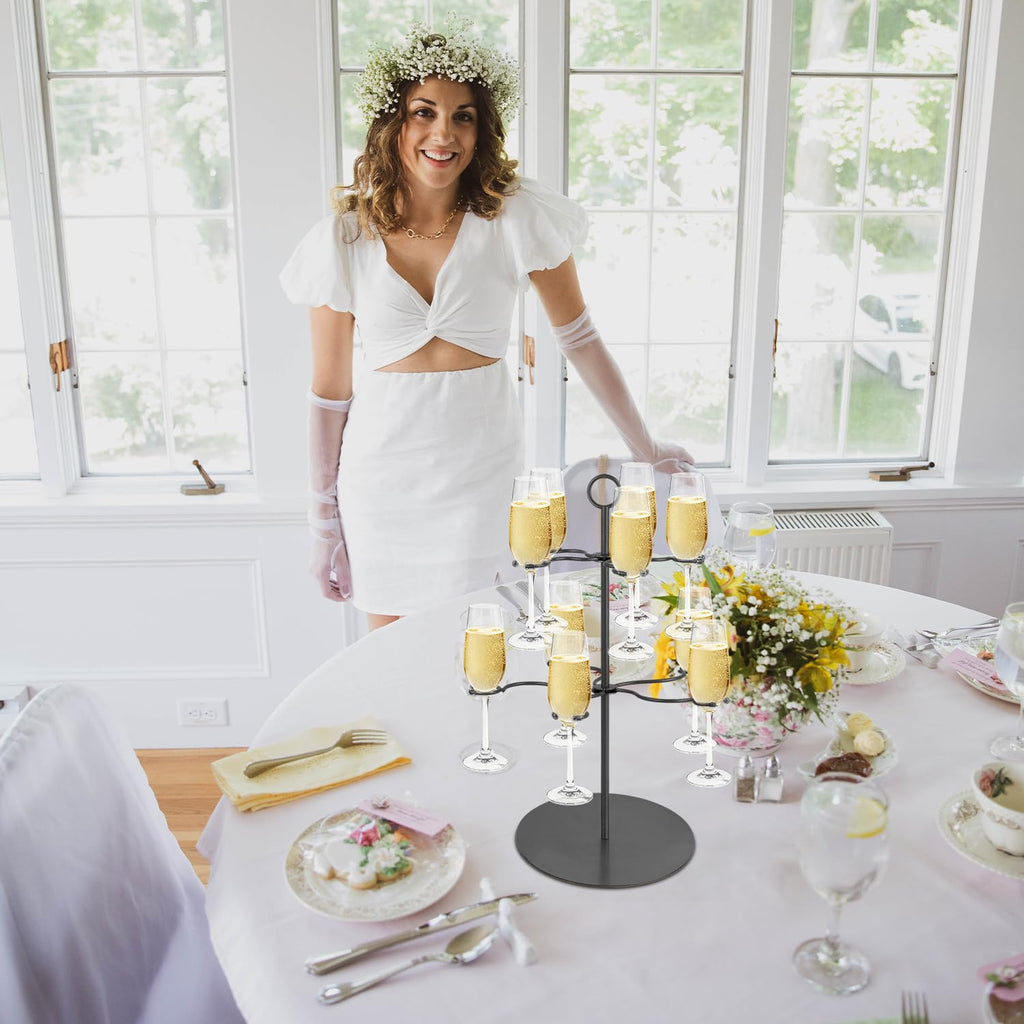 Cocktail Tree Stand for Parties Brunch,2 Tiers 10 Holders Drink tower Wine Glass Holder Stand,Champagne Tower Martinis Tree,Wine Glasses Display Margarita tower Drink stand for Mimosa Bar Party Bridal Matte black-two tier