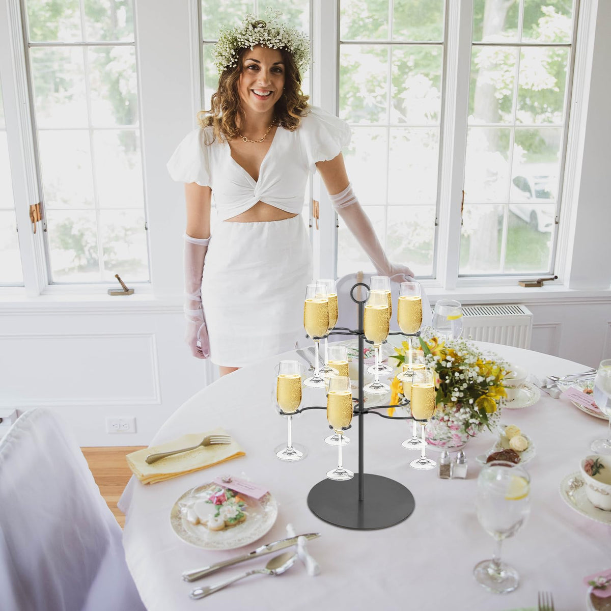 Cocktail Tree Stand for Parties Brunch,2 Tiers 10 Holders Drink tower Wine Glass Holder Stand,Champagne Tower Martinis Tree,Wine Glasses Display Margarita tower Drink stand for Mimosa Bar Party Bridal Matte black-two tier