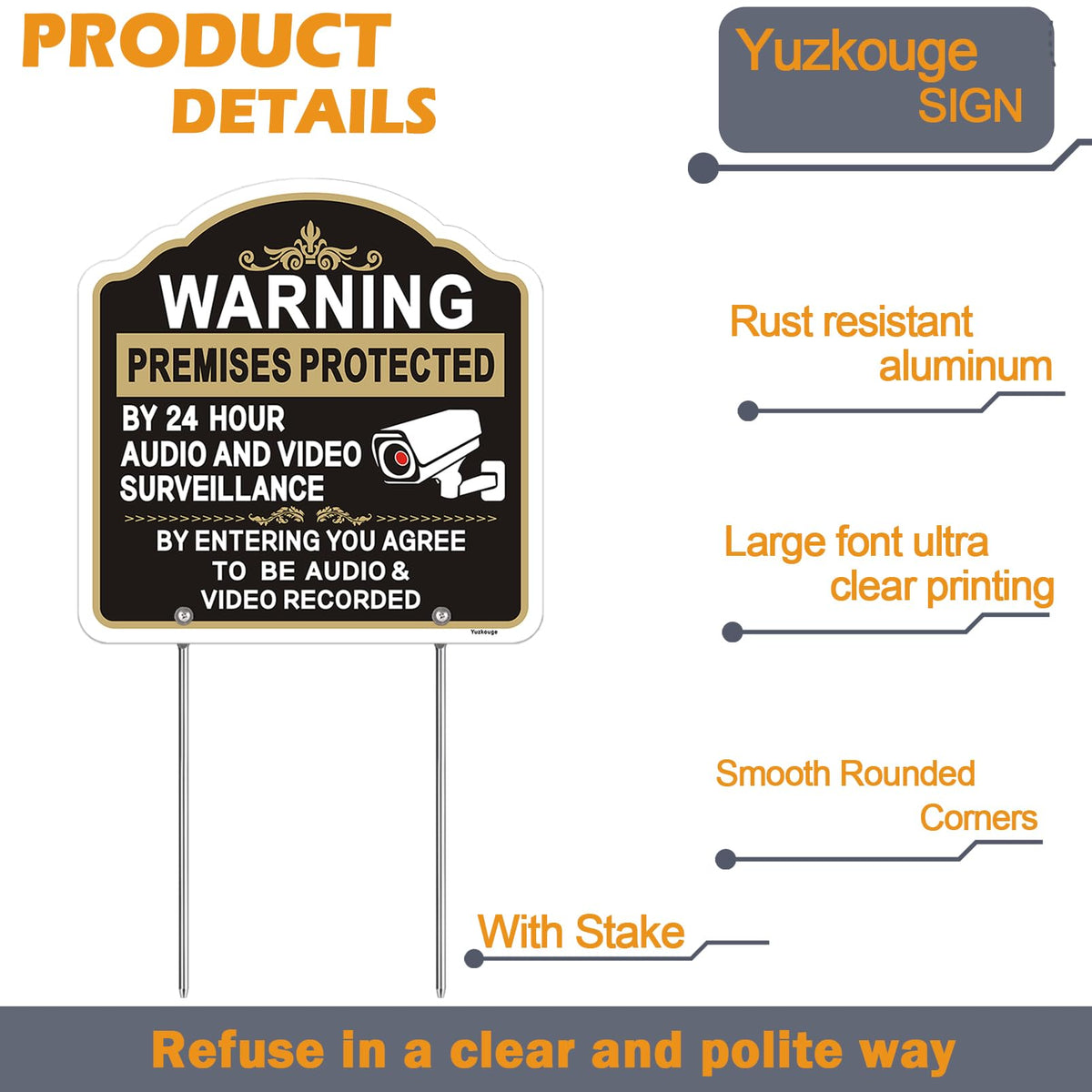 2 Pack Warning Premises Protected By 24 Hour Audio and Video Surveillance Sign with Stake, 12” x 12” aluminum No Trespassing sign for House Lawn Business.