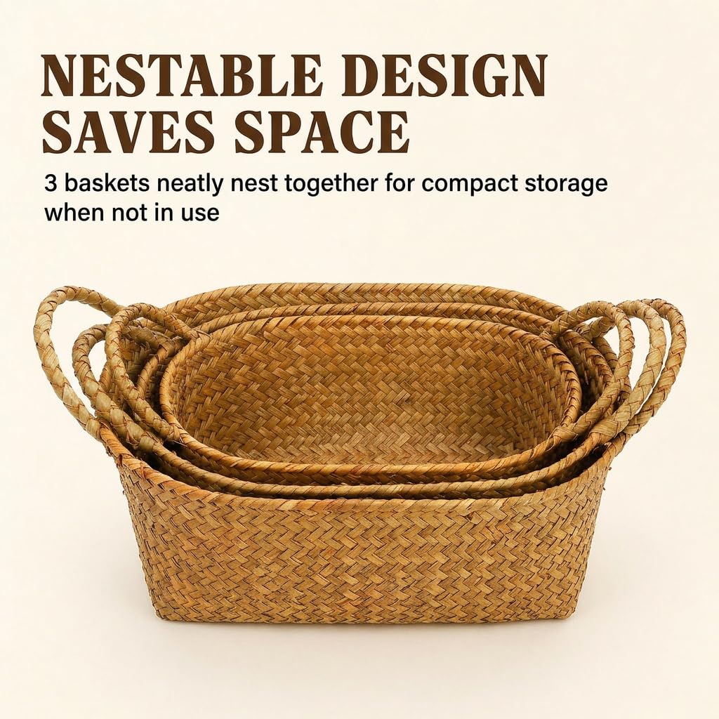 Elsjoy Set of 3 Woven Seagrass Baskets with Handles, Oval Wicker Woven Storage Baskets, Rattan Shelf Basket for Fruit, Bread, Kitchen