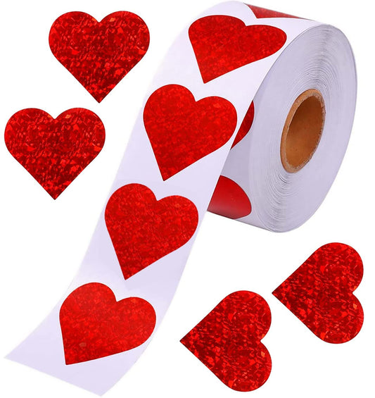 Valentines Glitter Red Heart Stickers, 1.5" Heart Decorative Labels 500 per Roll, Valentine's Day Love Decorations for Wedding, Anniversaries
