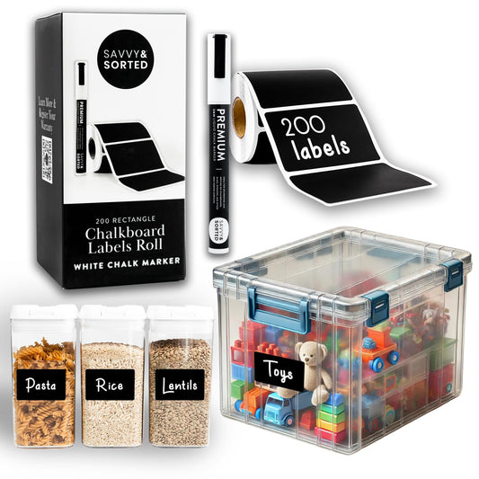 200 Chalkboard Labels for Storage Bins, Removable Black Stickers with Chalk Marker, Pantry Containers and Storage Bin Organization Wide Rectangle Roll - 200pcs