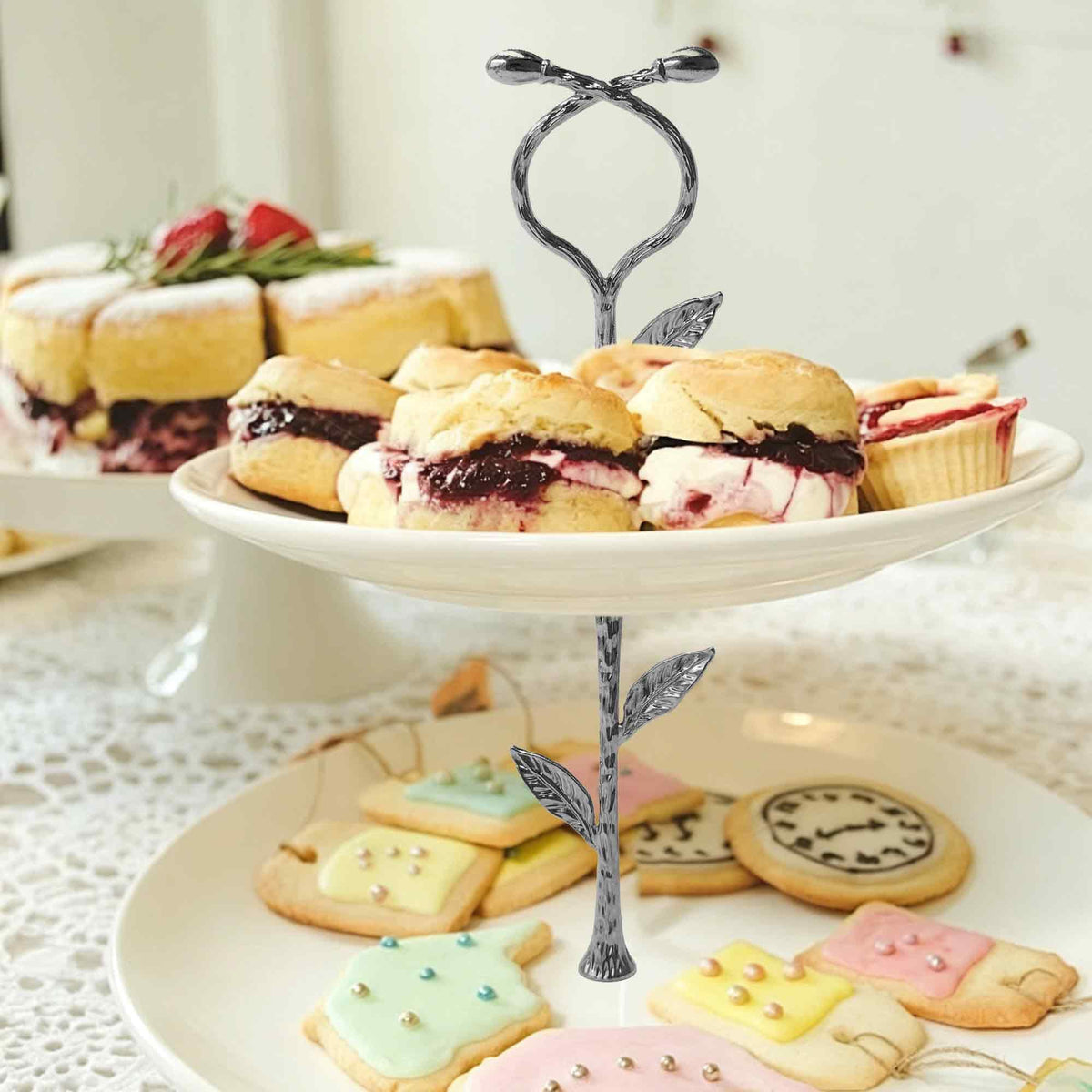 pson 2-Tier Cake Stand Hardware Kit, Vines Design Cupcake and Dessert Stands Tray Fittings for Weddings, Parties, Tea Gatherings(Silver) Silver,Vines