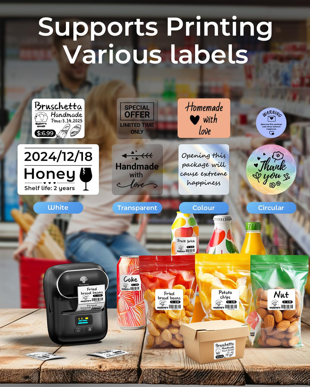 Phomemo M110 Label Maker with 3 Tapes, Bluetooth Portable Thermal Printer Black 1 Printer + 3 Roll Labels