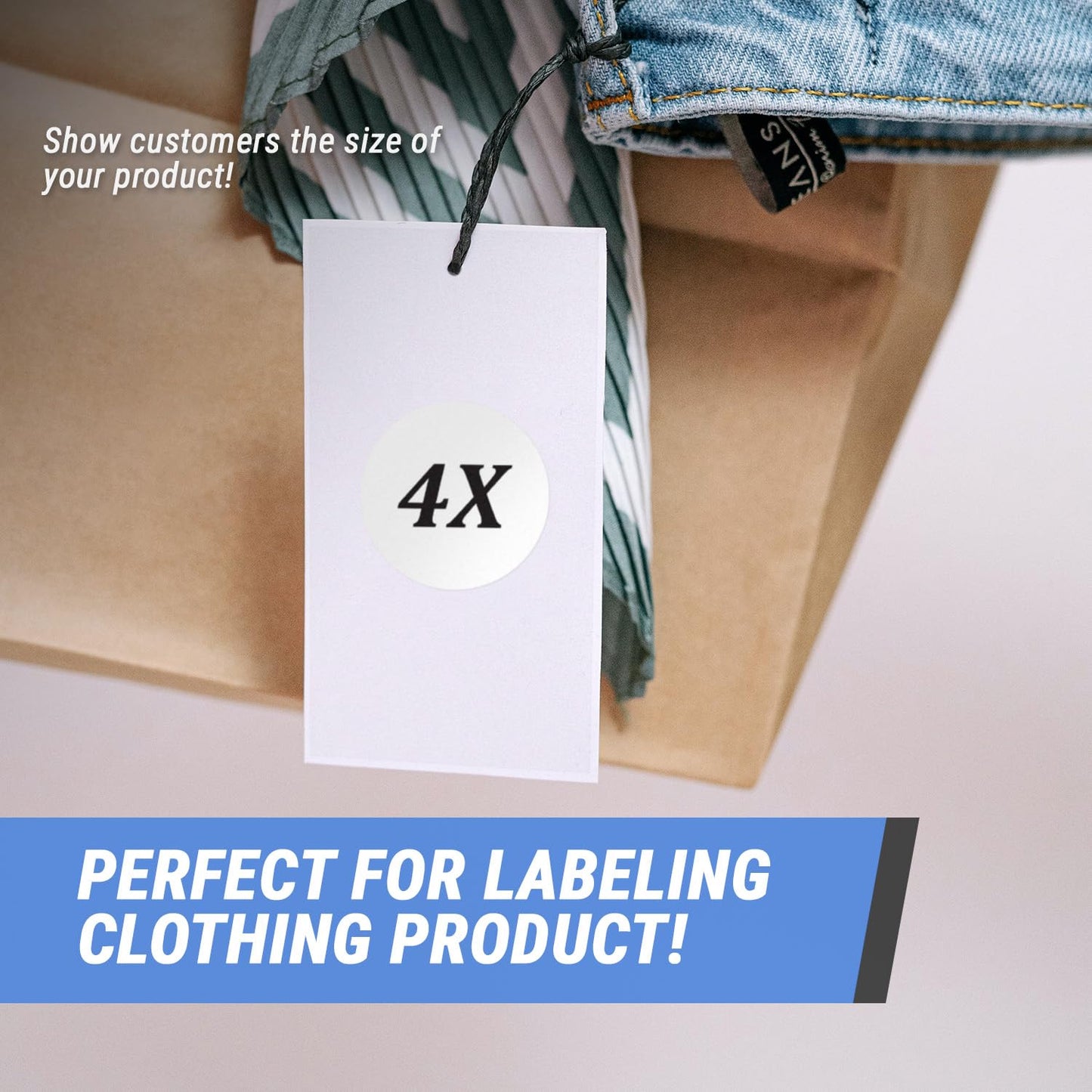 Clothing Size Stickers Labels Roll - 1.25" White Round Circle, 4X Clothing Size Labels T Shirt Dress Retail Boutique Apparel Clothing Size Labels Stickers, Fabric Safe - 1 Roll, 300 Sizing Stickers