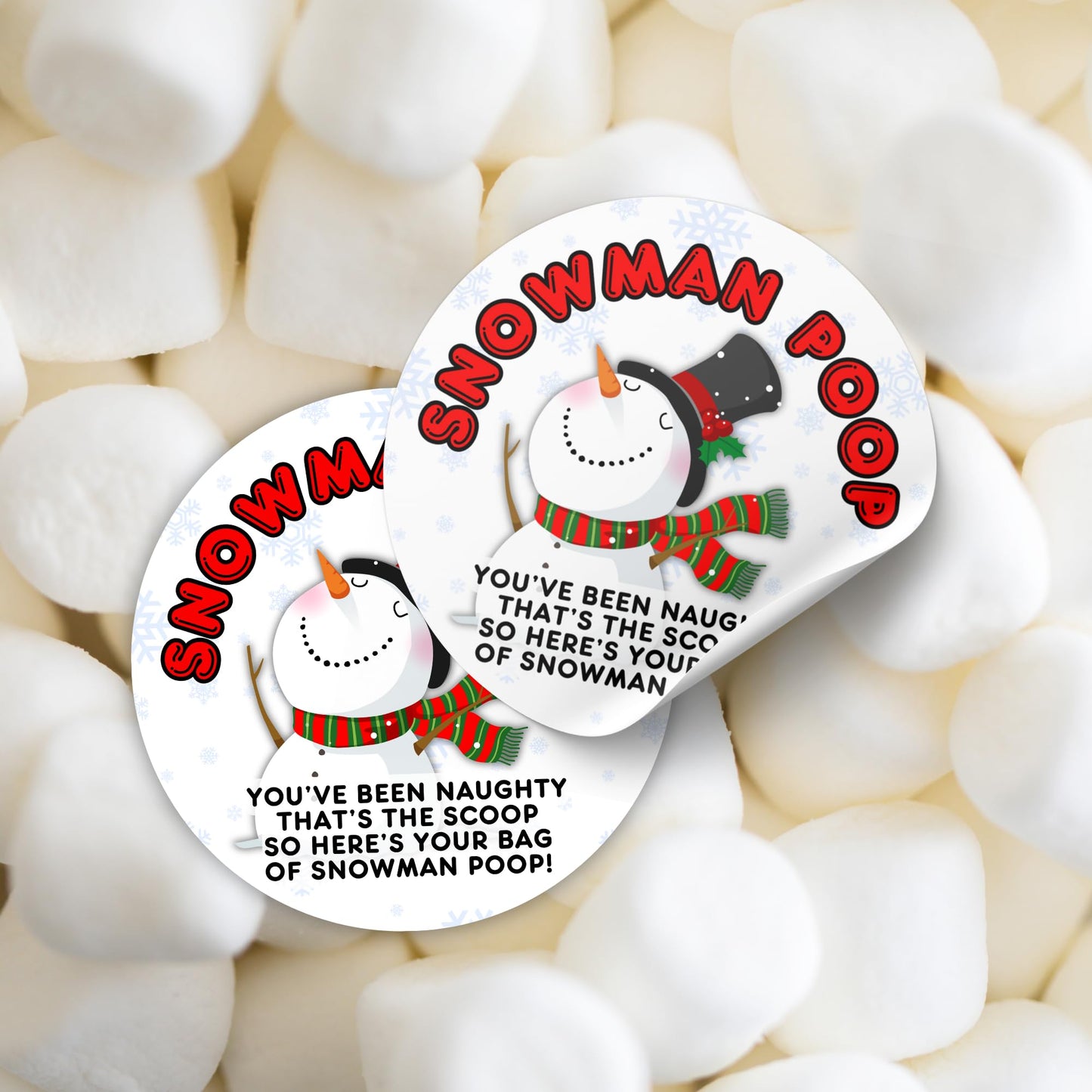 Snowman Poop Christmas Marshmallows in a Bag Gag Gift Sticker Labels | 40 pk 2” Circle Stocking Stuffer Candy Grouch Pills Magical Reindeer Food Sack