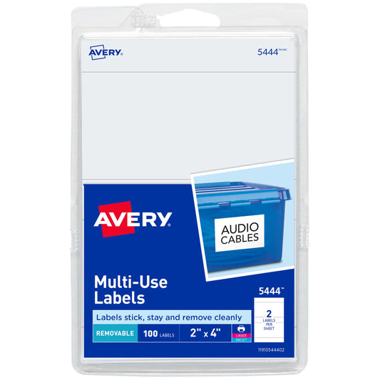 Avery Printable All-Purpose Removable Labels, 2" x 4", White Labels, Write or Print, Great for Organization Projects, 100 Customizable Blank Labels (5444) 100 labels