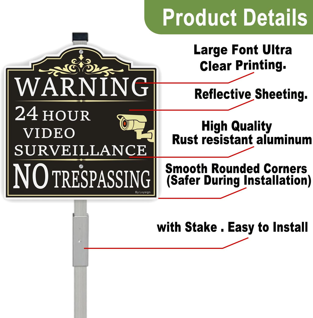 (2Pack) Large Video Surveillance Sign with Stake, No Trespassing Sign, 2pack with stake
