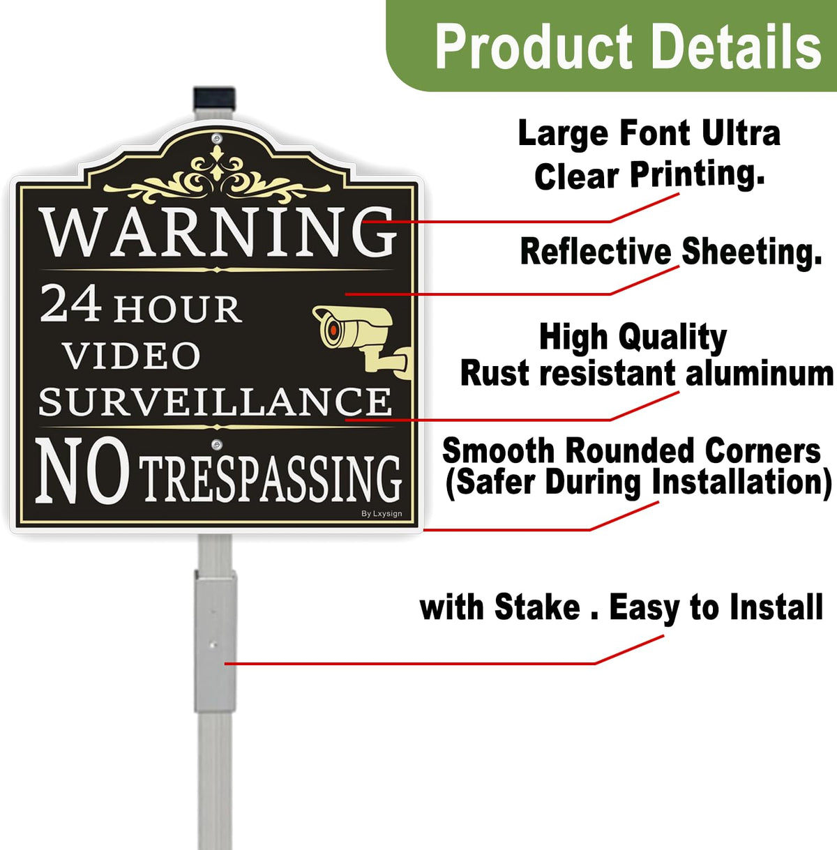 (2Pack) Large Video Surveillance Sign with Stake, No Trespassing Sign, 2pack with stake
