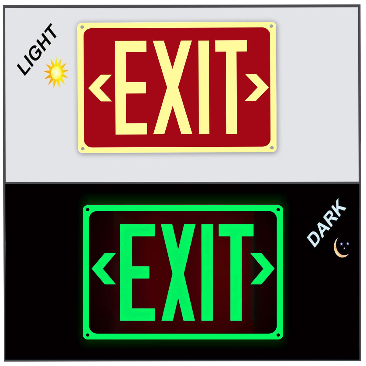 4Pack Photoluminescent Exit Sign Aluminum - 14x10 Inches Glow In Dark Exit Sign with Adhesive Backing - Removable Arrows Included - Non Electrical Red Exit Light For 50 Feet Visibility 14"X10"-4PACK