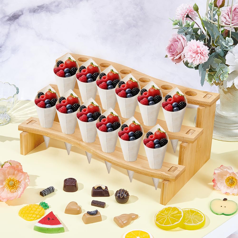 BENECREAT Ice Cream Cone Holder Stand, 12.99x7.36x5.71inch Food Display Rack for Catering Events Natural Wood Cone Display with Sturdy Construction for Parties and Buffets