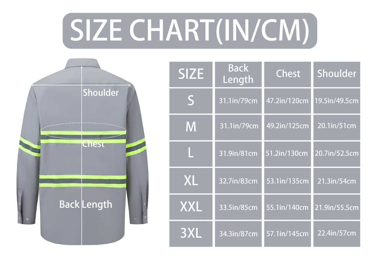 Ousafeve Class 3 Hi Vis Button Up Safety Work Shirts for Men Reflective X-Large Light Gray_long