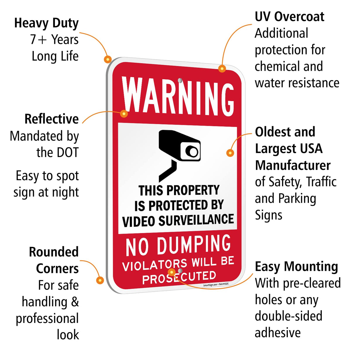 SmartSign 18 x 12 inch “Warning - Property Protected By Video Surveillance, No Dumping” Metal Sign, 120 mil Aluminum Composite (ACM), Engineer Grade Reflective Material, Red, Black and White, USA-Made