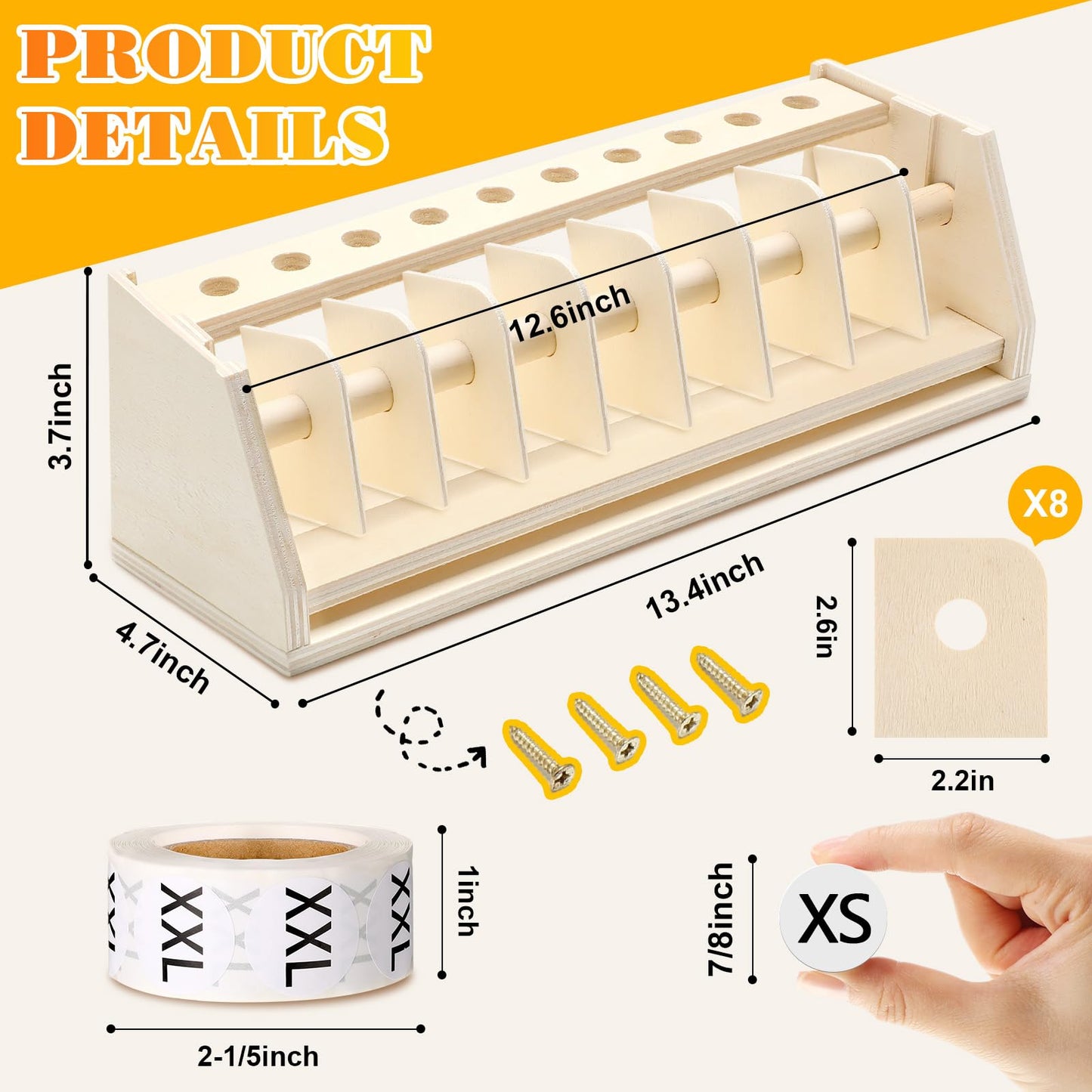 3500 Pcs Clothing Size Stickers Labels with Wooden Labels Holder Organizer Round Self Adhesive Stickers for Clothing T Shirts Retail, 7 Size Black and White