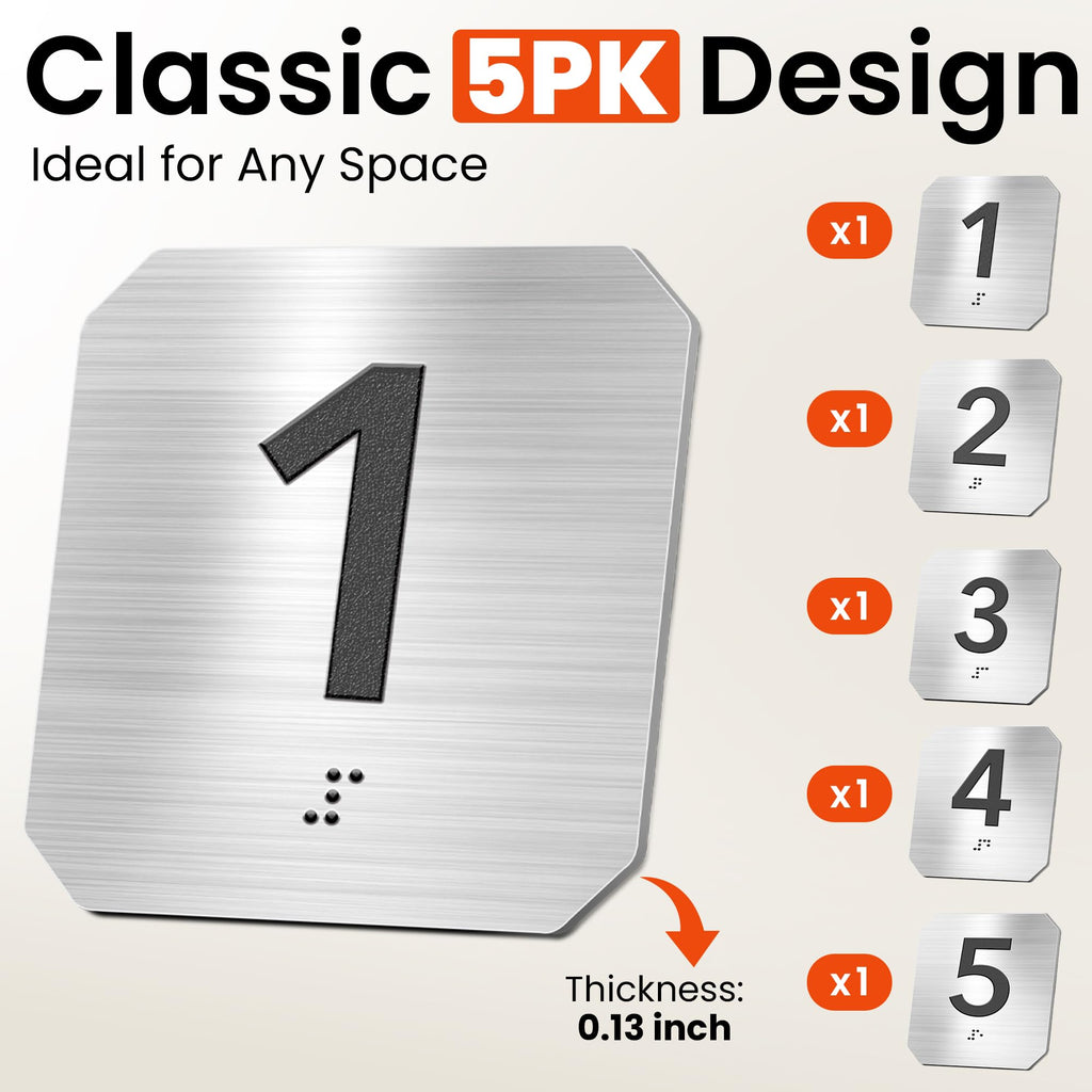 ADA Braille Room Number Signs 1-5, Modern Clipped Corner Brushed Silver Signs for Office Doors, Grade 2 Braille Compliance Signage for Clinic, School & Hospital, Self-Adhesive (4" x 4") Stainless Steel 1-5silver 1-5