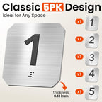 ADA Braille Room Number Signs 1-5, Modern Clipped Corner Brushed Silver Signs for Office Doors, Grade 2 Braille Compliance Signage for Clinic, School & Hospital, Self-Adhesive (4" x 4") Stainless Steel 1-5silver 1-5