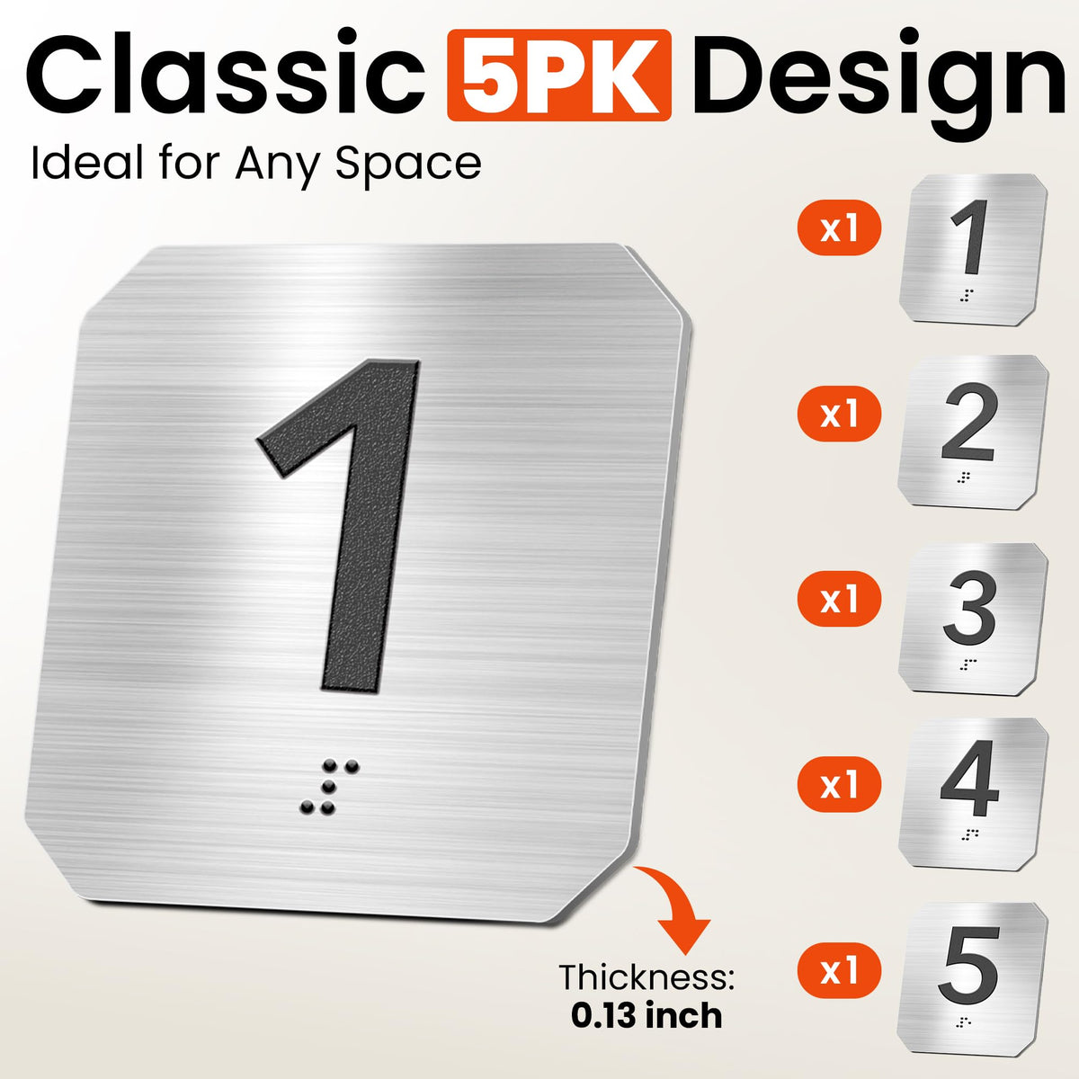 ADA Braille Room Number Signs 1-5, Modern Clipped Corner Brushed Silver Signs for Office Doors, Grade 2 Braille Compliance Signage for Clinic, School & Hospital, Self-Adhesive (4" x 4") Stainless Steel 1-5silver 1-5