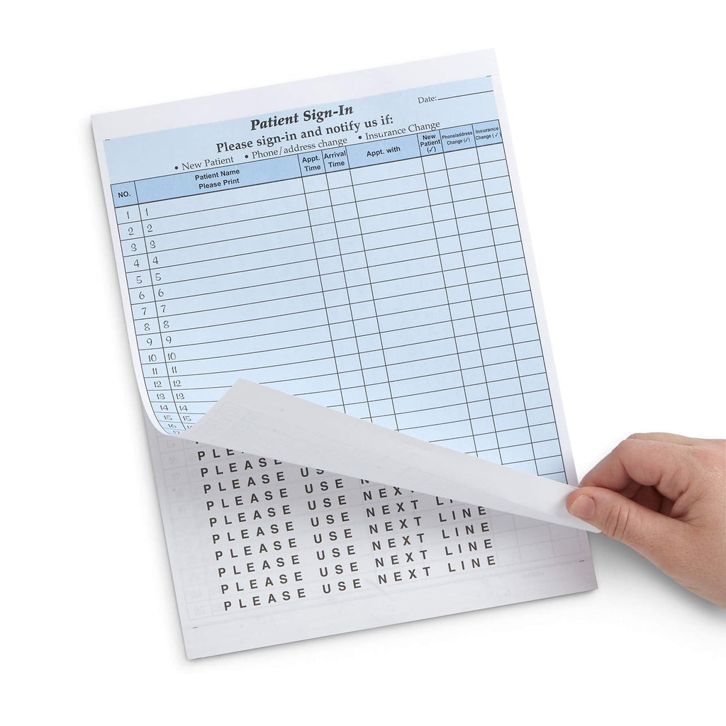 Blue Summit Supplies 25 patient sign-in forms with peel-away adhesive labels, carbonless 3-part medical and dental office forms.