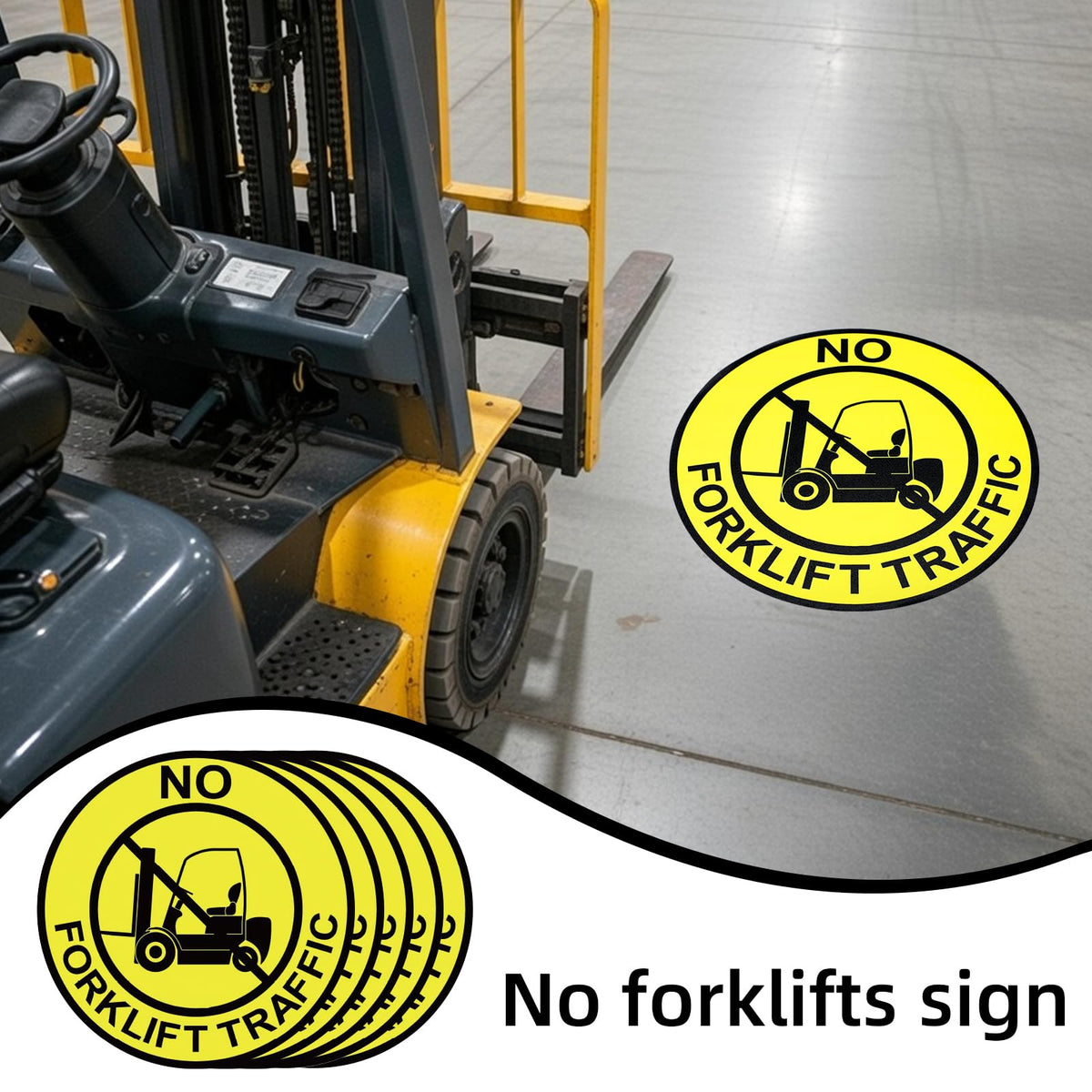 5 Pcs No Forklift Traffic Sign - 12 Inch Forklift Traffic Floor Adhesive Sign for Safety Warning Industrial Sticker for Work Shop Warehouse Office Yellow 5