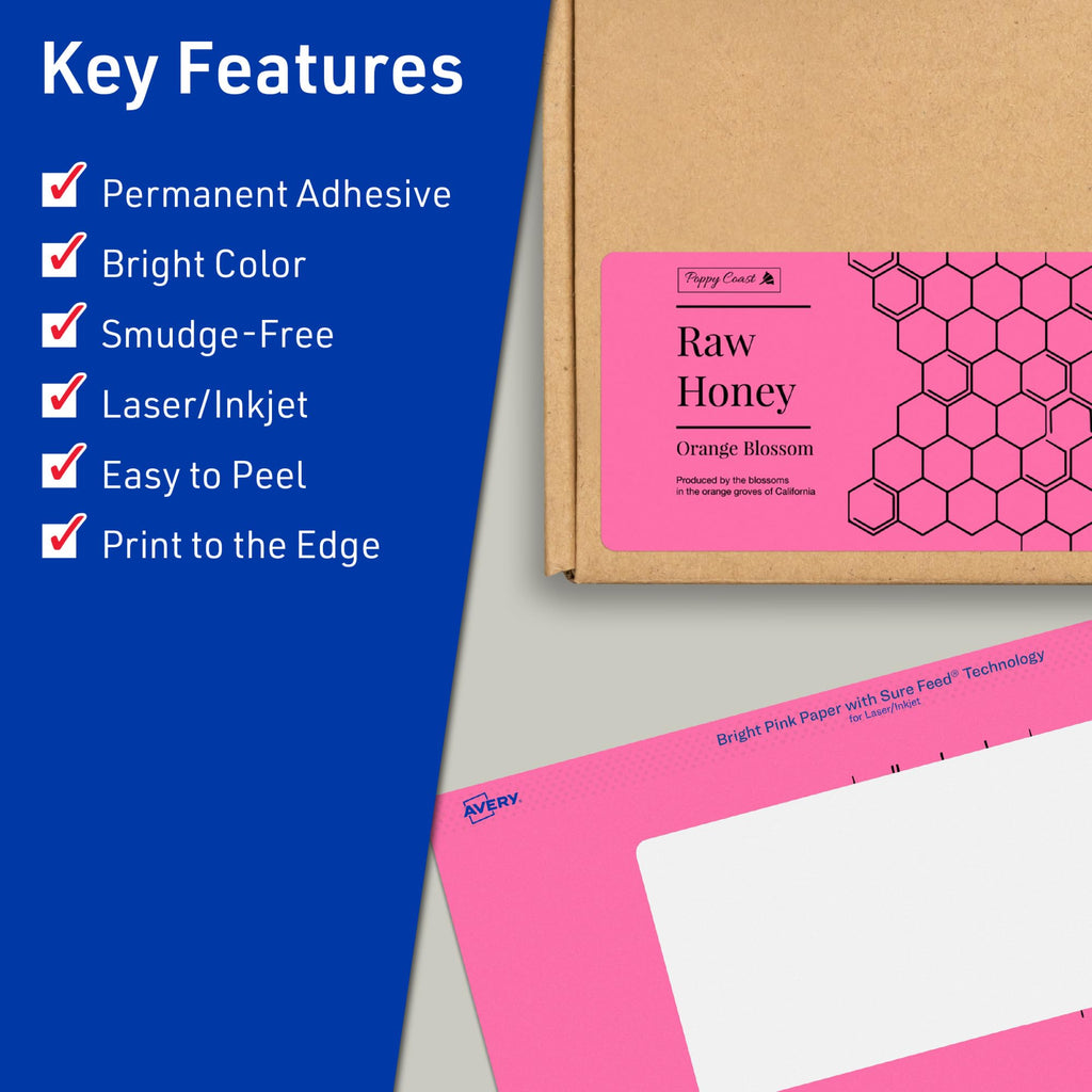 Avery Printable Rectangle Labels, Sure Feed Technology, 4" x 5", Bright Pink Labels, Print-to-The-Edge, Laser/Inkjet Printable, 40 Total, Great for Shipping and Packaging 40 labels