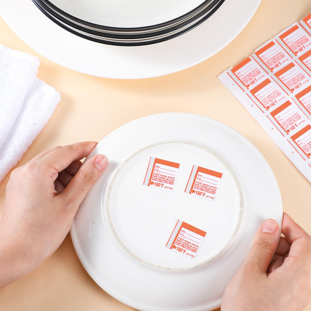 Relaxweex dishwasher temperature test strips, waterproof adhesive labels for 160°F heat testing in commercial and home dishwashers.