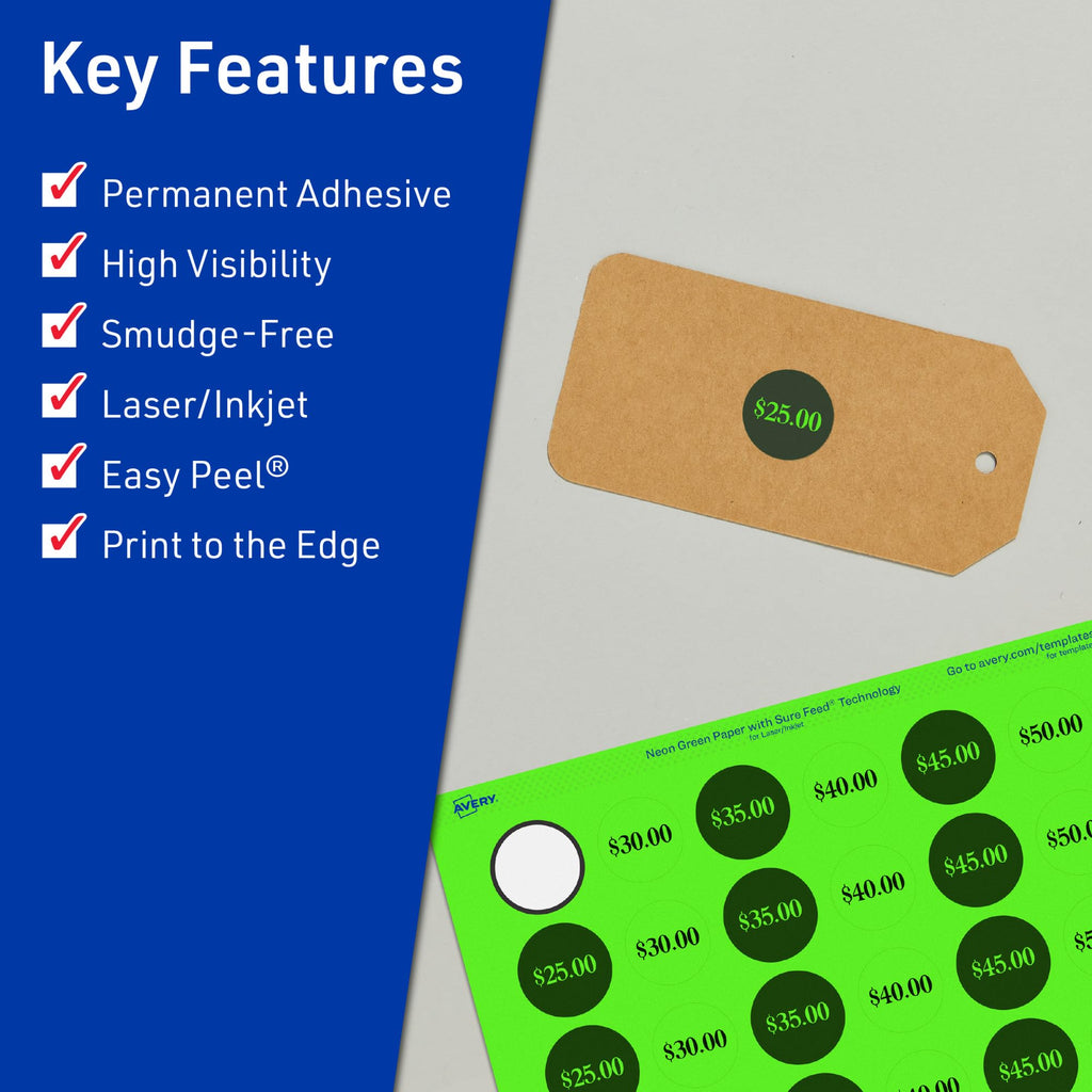 Avery Printable Round Labels, Sure Feed Technology, 3/4" Diameter, Neon Green Labels, Print-to-the-Edge, Laser/Inkjet, 1,600 Total, Great for Price Stickers and Mailing Seals 1,600 labels