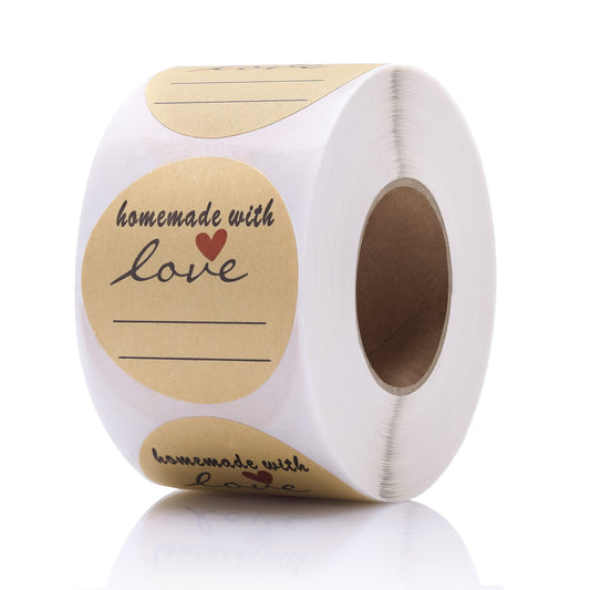 1.5" Homemade with Love Stickers, 500 Pcs Kraft Jar Canning Label Stickers for Baked Packaging, Cookie Bags, Fudge Containers, Store Owners, Crafts, Organizing, Price Tags 1.5 inch