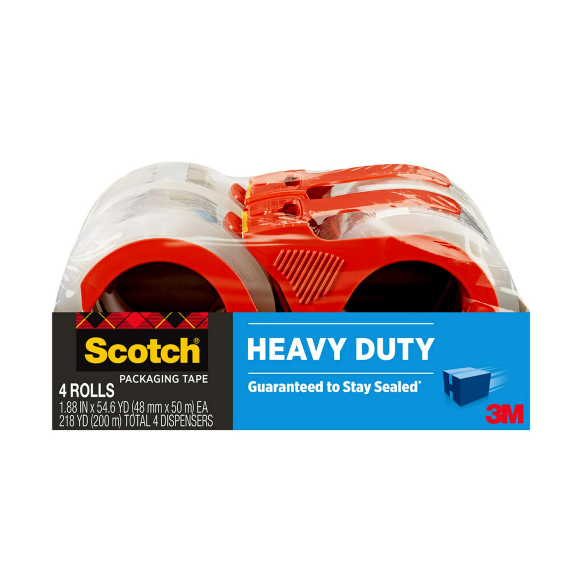 Scotch Heavy Duty Shipping Packing Tape, Clear, Shipping and Packaging Supplies, 1.88 in. x 54.6 yd., 4 Tape Rolls with 4 Dispensers 4 Rolls