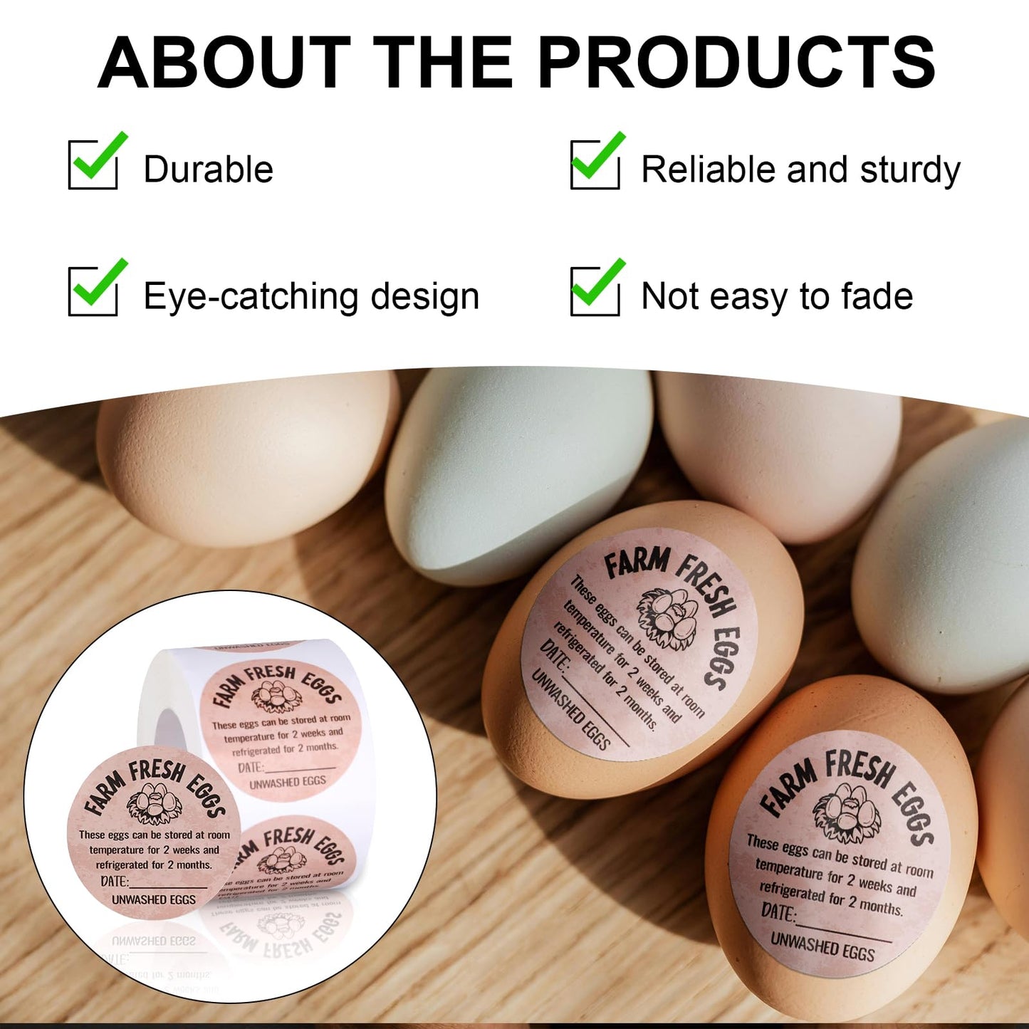 500pcs Farm Fresh Egg Carton Stickers, 2in Round Unwashed Egg Carton Labels with Collection Date Self-Adhesive Egg Packaging Labeling for Chicken Duck Quail Egg