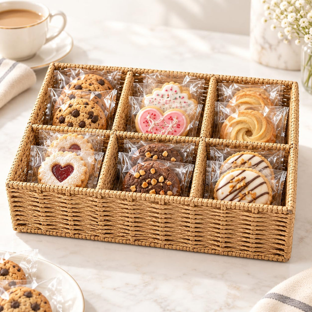 Cookie Display Stand, 6-Compartment Woven Snack Basket for Vendors, Natural