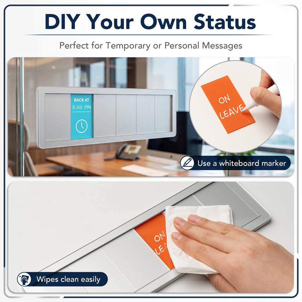 Office Door Sign with 6-Zone Sliding Design, 13 Interchangeable Status Options, Do Not Disturb, Please Knock, In A Meeting, Out Of Office, Back Soon, Custom Privacy Door Slider for Office, Meeting & Conference Room (Brushed Silver) - Patent Pending