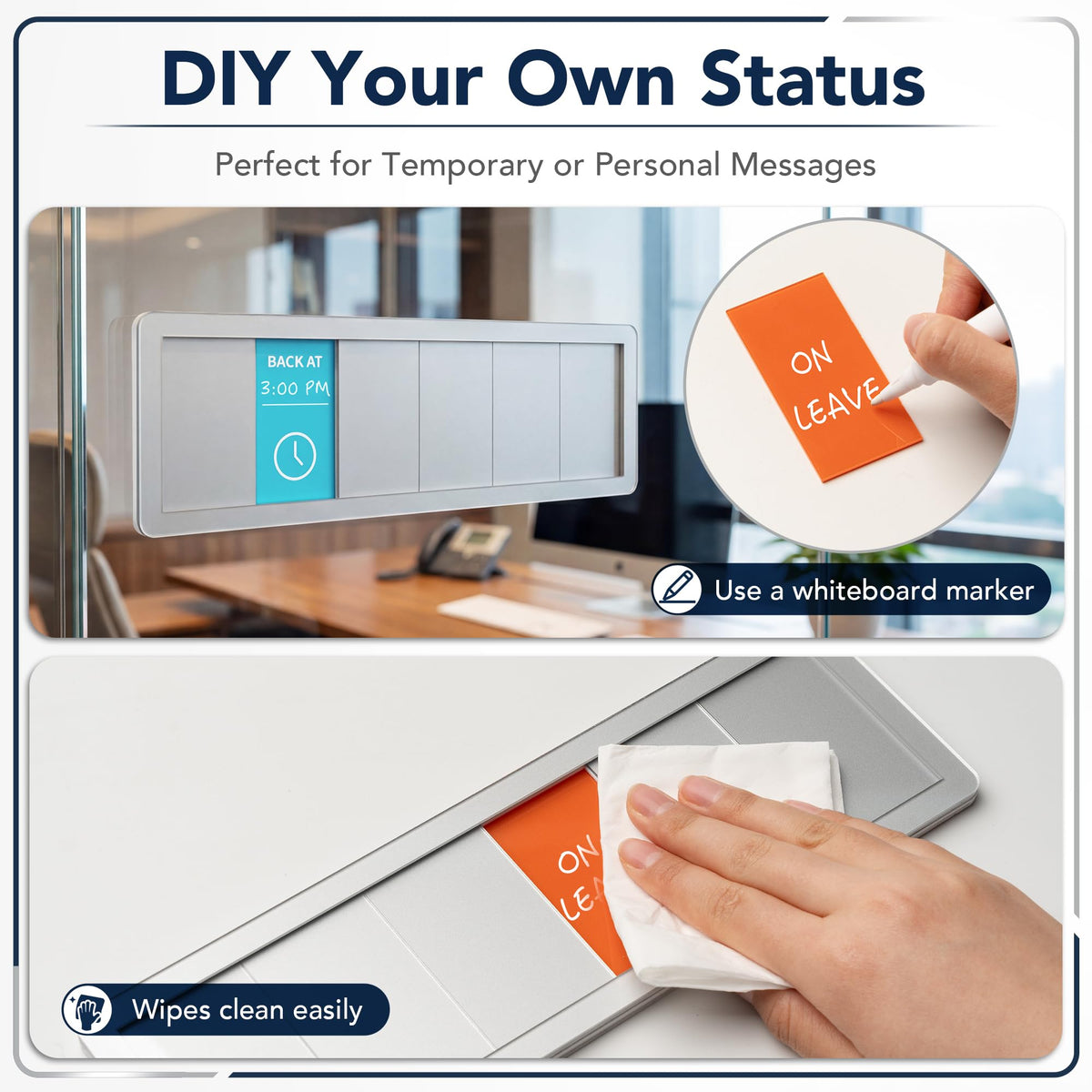 Office Door Sign with 6-Zone Sliding Design, 13 Interchangeable Status Options, Do Not Disturb, Please Knock, In A Meeting, Out Of Office, Back Soon, Custom Privacy Door Slider for Office, Meeting & Conference Room (Brushed Silver) - Patent Pending