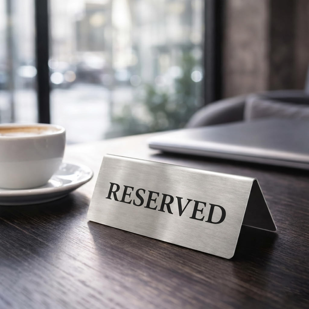 Reserved Table Signs Set of 6 - Heavy Stainless Steel Table Reservation Plates - Durable, Stackable and Waterproof Metal Signs for Restaurants, Hotels, Bars, Cafés, Weddings and Events Design 2