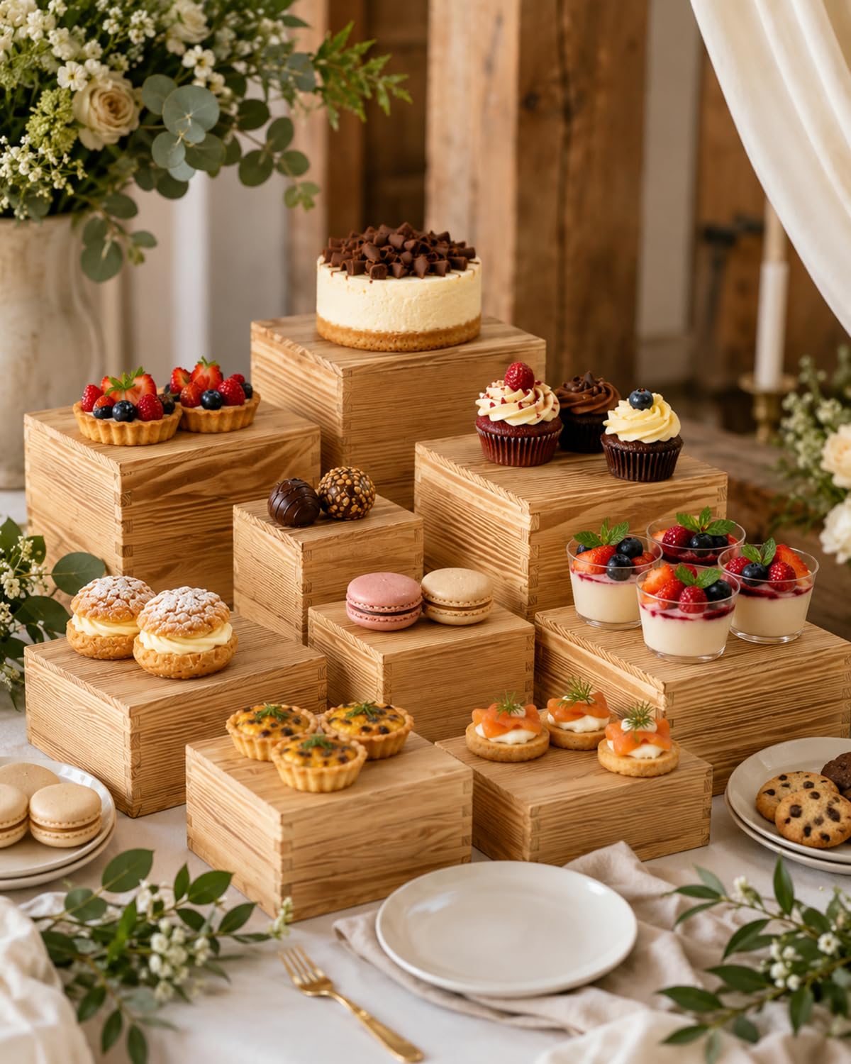 8 Pack Wooden Buffet Risers for Food Display, 8 Mini Sign