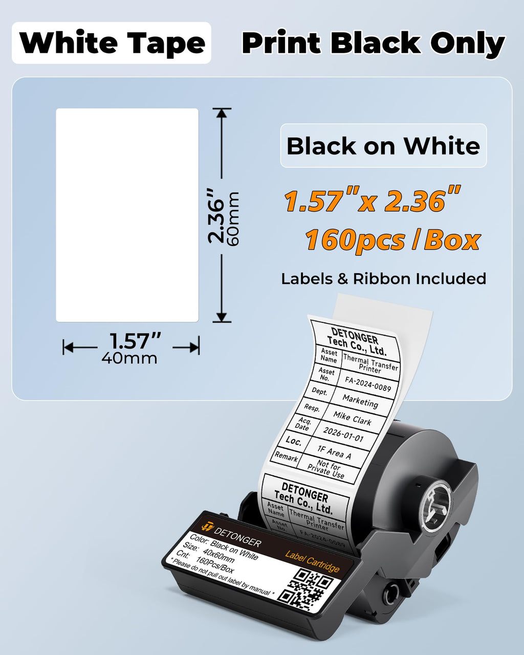 DT5150P PET Labels - UV Resistant, Weatherproof & Colorfast, All-in-One Thermal Transfer Ribbon Cartridge, Heavy-Duty for Indoor/Outdoor Use, Fits DT5150/5150P/350/353 Industrial Label Makers White-1.57"×2.36"