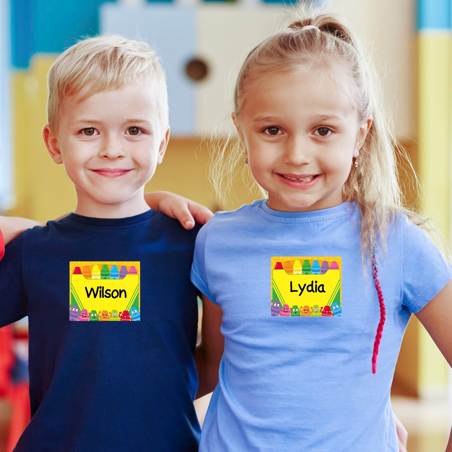 104 Pcs Cartoon Crayon Name Tag Stickers -3''x 2.5'' Colorful Self Adhesive Name Sticker Gift Tag Labels for Classroom Party Office Home Conferences (Crayon)