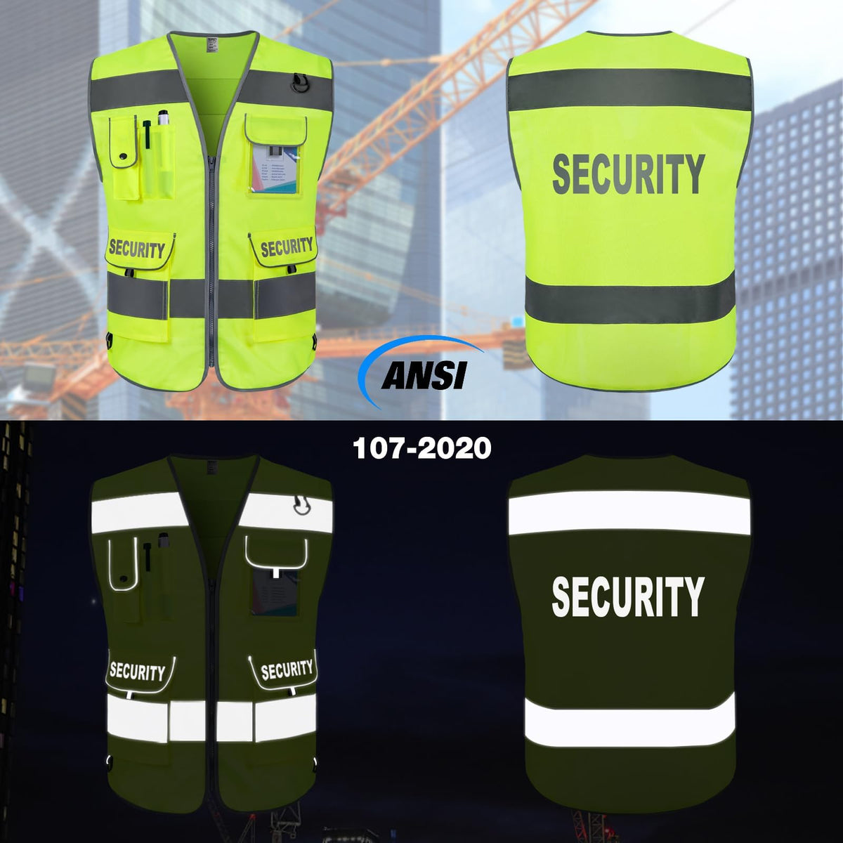 TCCFCCT Security Vest for Security Guard 9 Pockets High Visibility Reflective Safety Vest for Men Women, Durable Hi Vis Vest with Reinforced Sewing, Meets ANSI/ISEA, (G100S-Yellow, L) Fabric Yellow-bison 08 Large