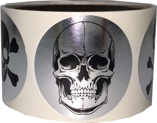 Silver Skull and Crossbones Circle Dot Stickers, 2 Inch Round, 100 Labels on a Roll