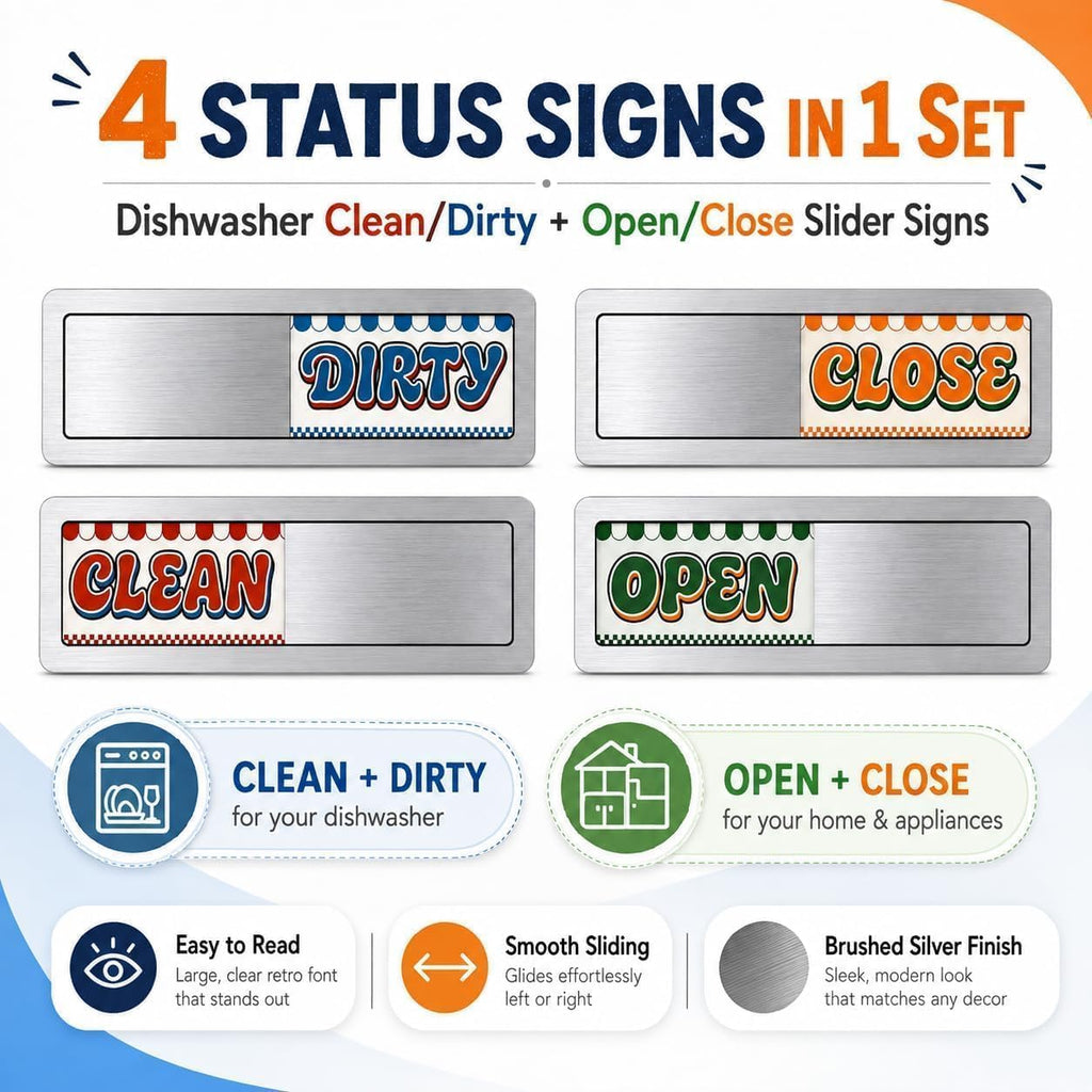 Dishwasher Magnet Clean Dirty & Open Close Sign, Retro Slider Magnetic
