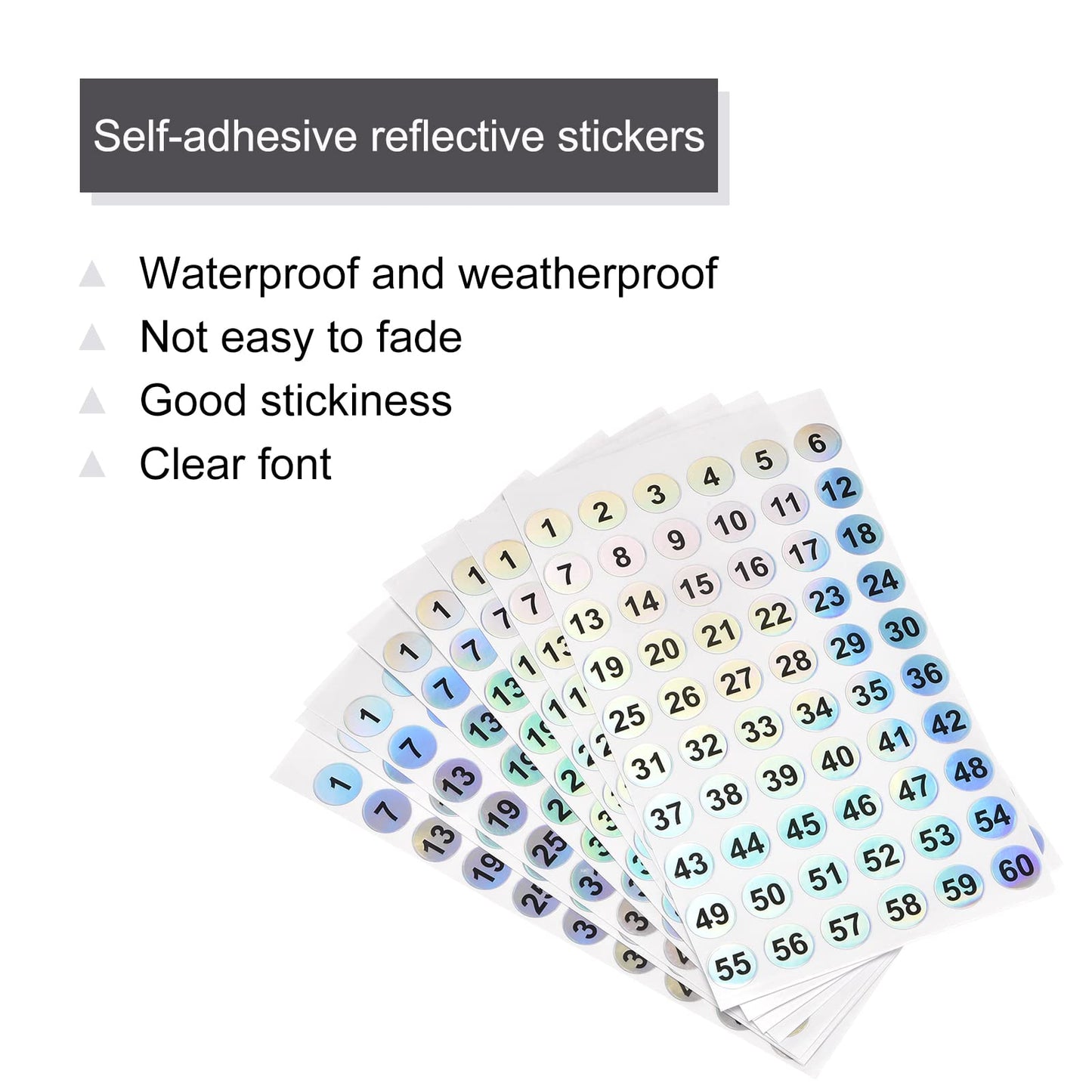 MECCANIXITY Number Sticker 1 to 60 Number Self Adhesive Reflective Label for Sorting Storage Box Inventory, Pack of 10