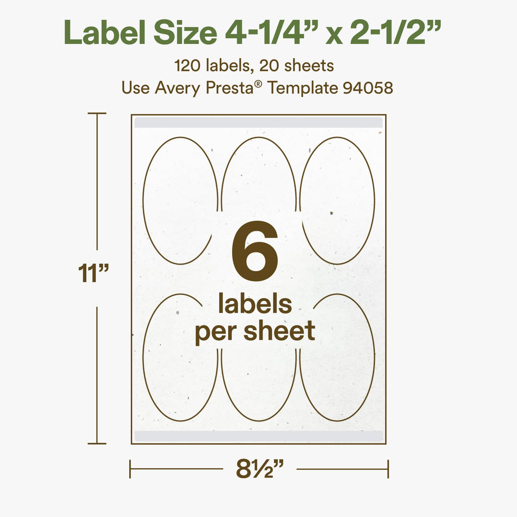 Avery® Printable Oval Hemp Labels, Sure Feed® Technology, 4-1/4" x 2-1/2", Off-White, Laser & Inkjet Compatible, 120 Total, Great for Product Branding, Packaging, and More 120 Labels