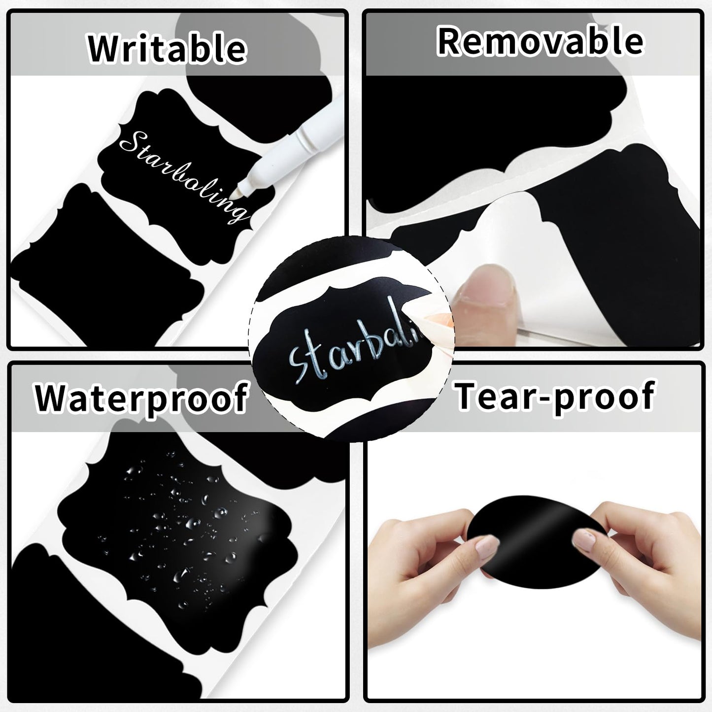 Starboling Chalkboard Labels,300 Pcs 2.4x1.6inch Irregular Labels Chalk Stickers with White Chalk Marker,Reusable Waterproof Blackboard Stickers,for Jars,Bottles,Storage Bins Black