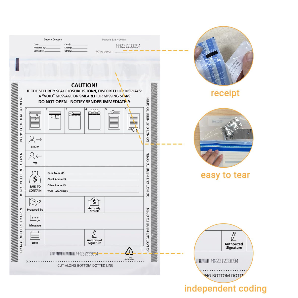 100 Pack 9" x 12" Tamper-Evident Deposit Bags with Security Tape Tamper Evident Security Pocket Bank Deposits Bags (5) 9 x 12 Inch Tamper-Evident(100pack)